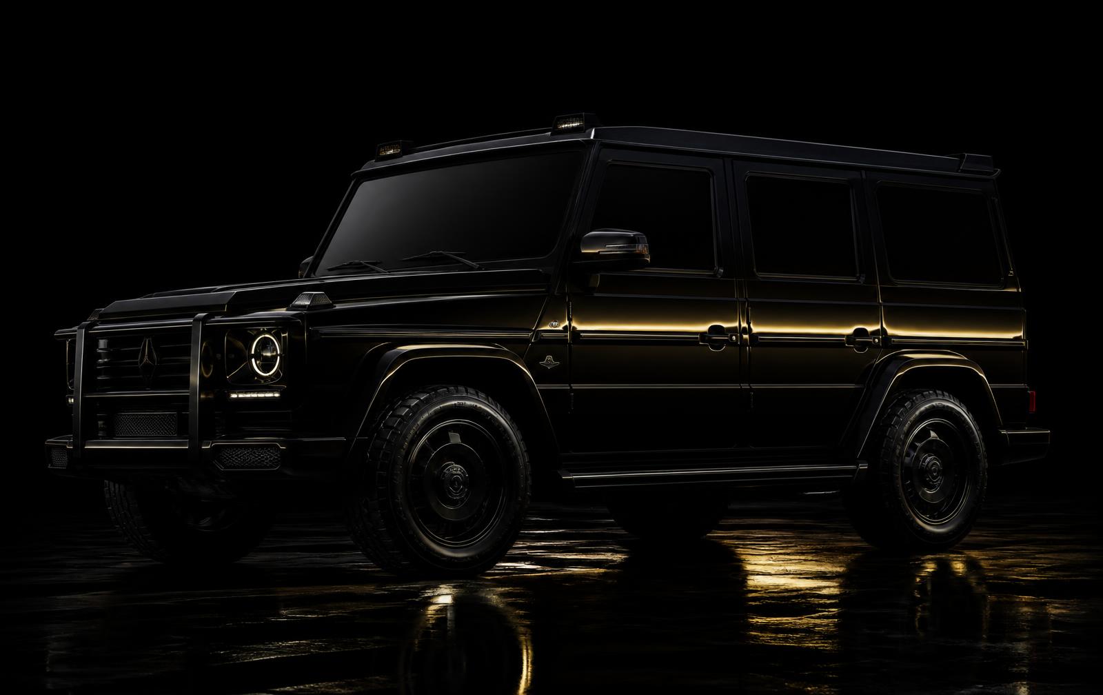 Black armoured luxury vehicle lit by a single gold light streak