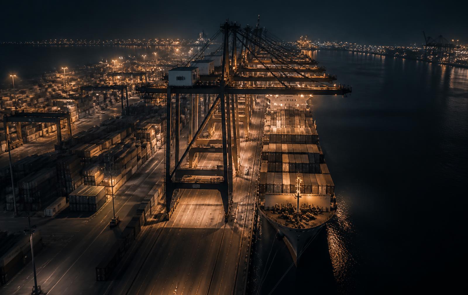 Container terminal at night with illuminated cranes